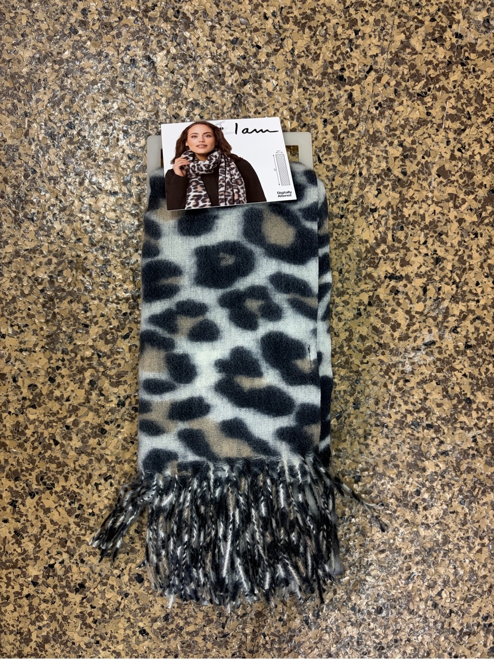 I AM Leopard Print Scarf NWT Black Gray Tan Fringe